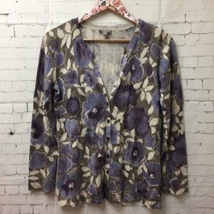 J. Jill Purple Flower Long Sleeve V-Neck Cardigan